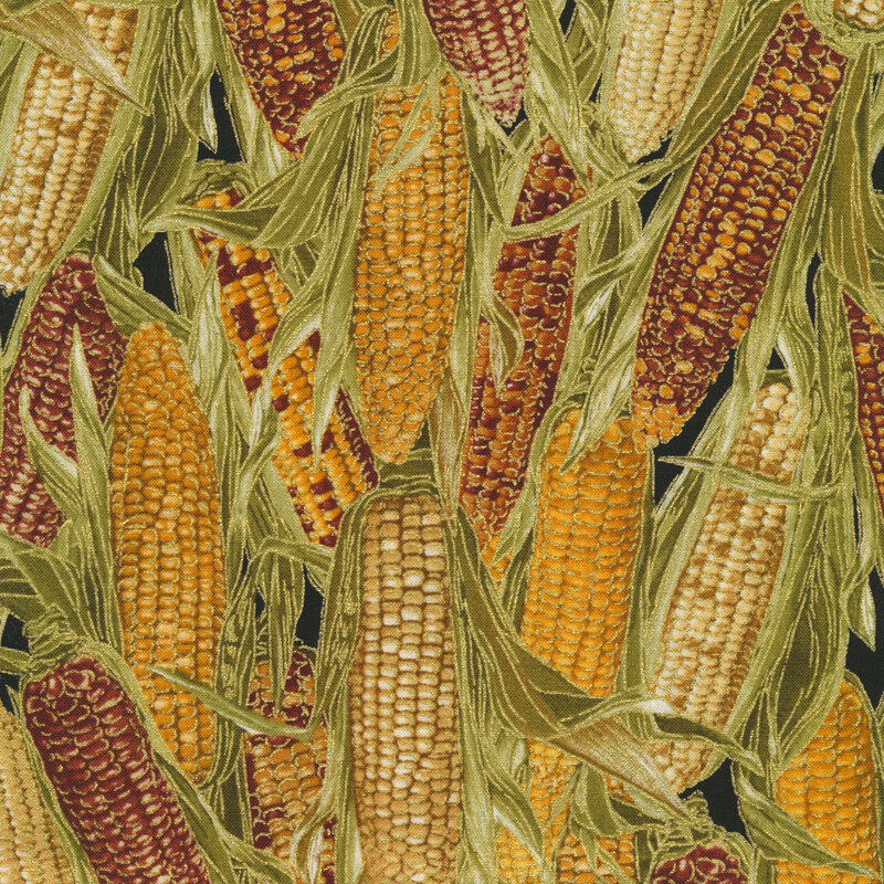 Black fabric features packed harvest corn allover with metallic accents | Shabby Fabrics