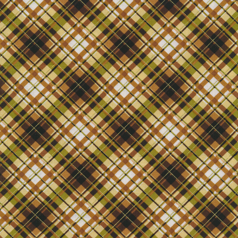 Cream fabric features tan green plaid with metallic accents | Shabby Fabrics