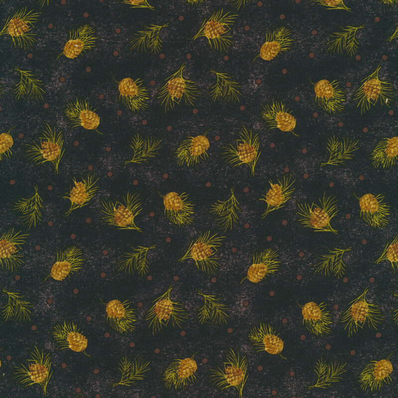 Tossed pine cones on a black background with small grey dots | Shabby Fabrics