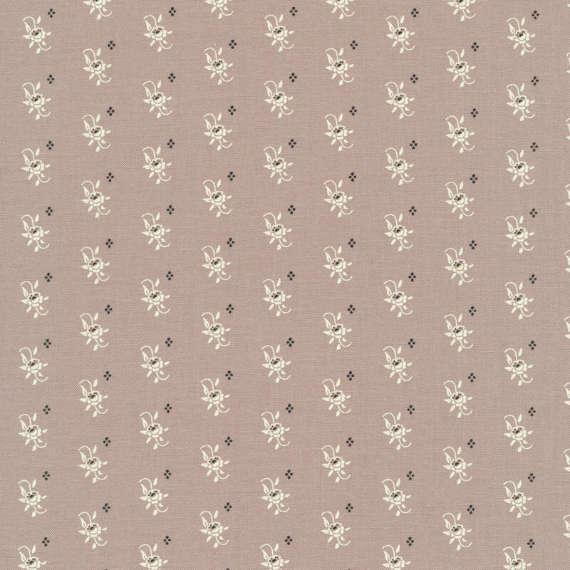 Tiny cream blooms and dark dot design on grey background | Shabby Fabrics