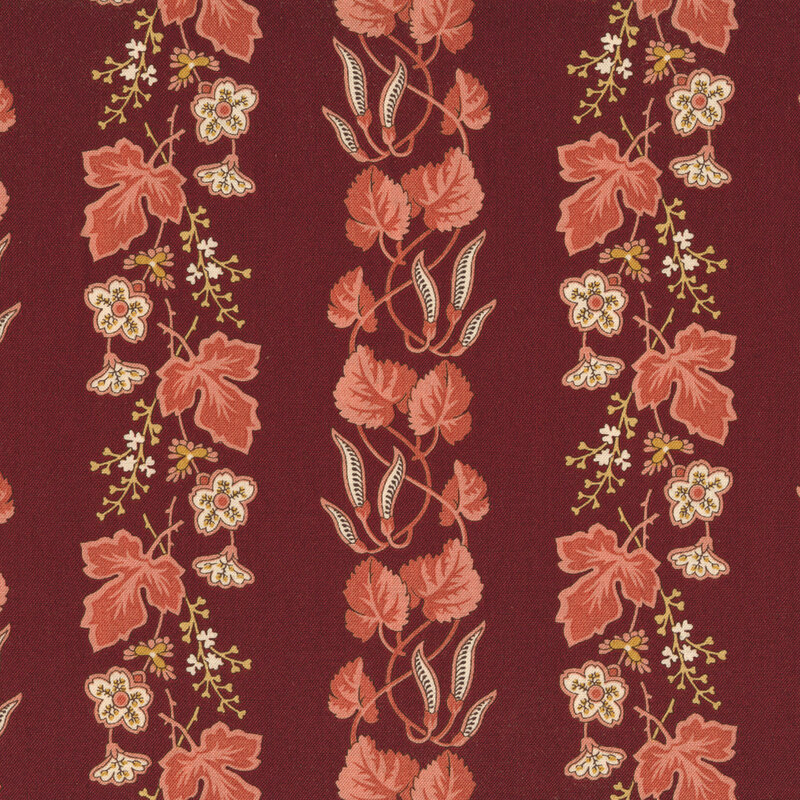 Striped leaves and vines with small flowers on a red background | Shabby Fabrics