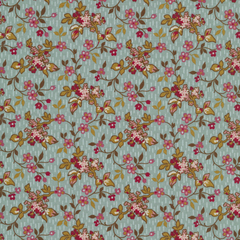 Leaves and vines with small budding flowers on a teal background | Shabby Fabrics
