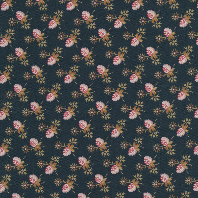 Alternating flowers on a dark blue background | Shabby Fabrics