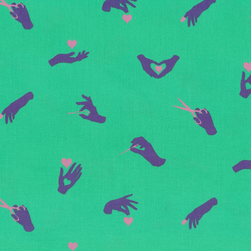 Purple hands with pink sewing tools and hearts on mint | Shabby Fabrics