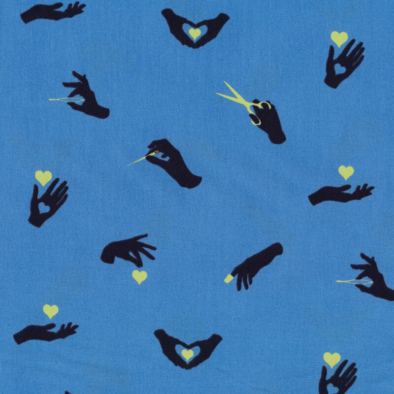 Dark blue hands with yellow sewing tools and hearts on blue | Shabby Fabrics