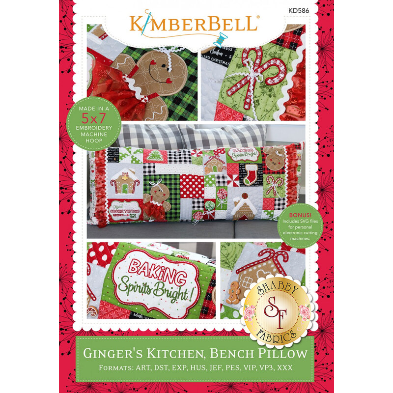 The front of the Ginger's Kitchen Bench Pillow Machine Embroidery CD cover image showing the finished pillow and close up shots.