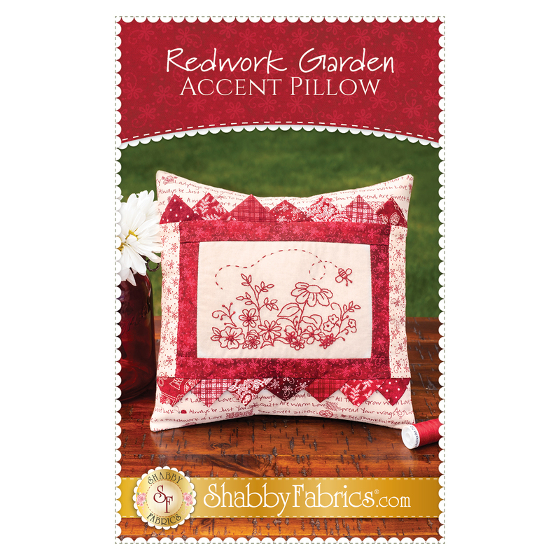 The front of the Redwork Garden Accent Pillow pattern by Shabby Fabrics