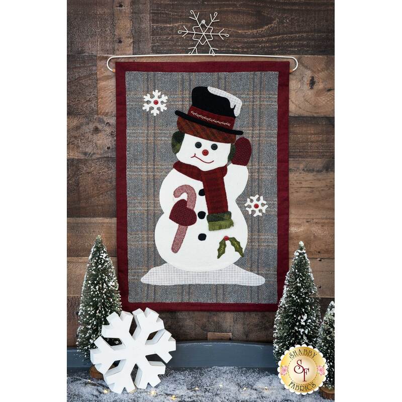 The completed Jolly Snowman Wall Hanging displayed | Shabby Fabrics