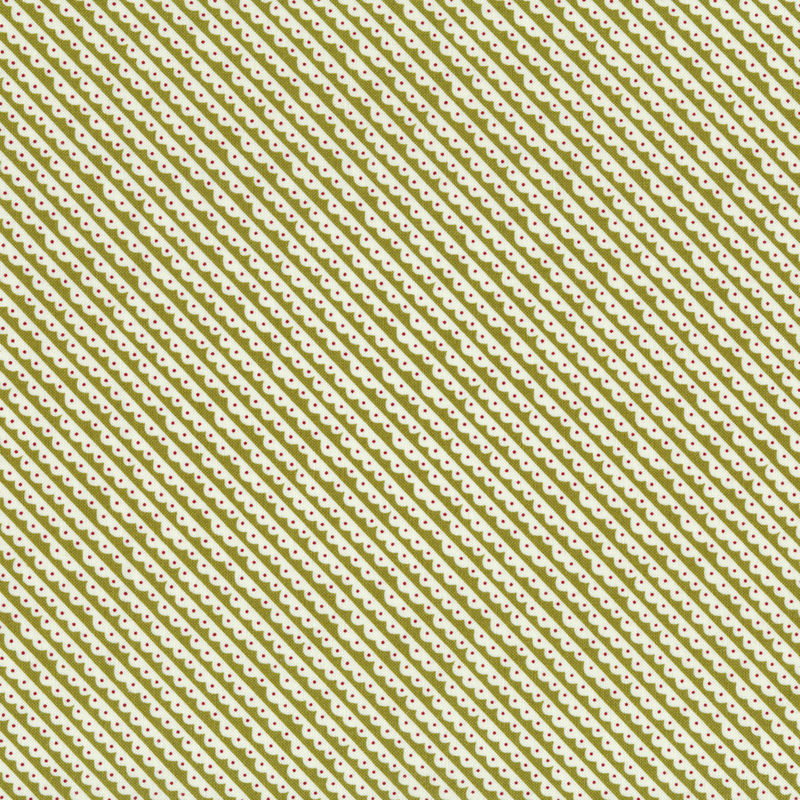 White diagonal scalloped stripes on a green background | Shabby Fabrics