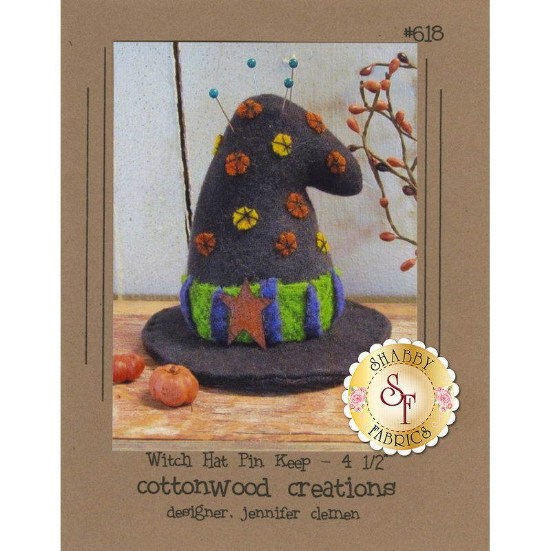 The front of the Witch Hat Pin Keep pattern showing the finished witch hat | Shabby Fabrics