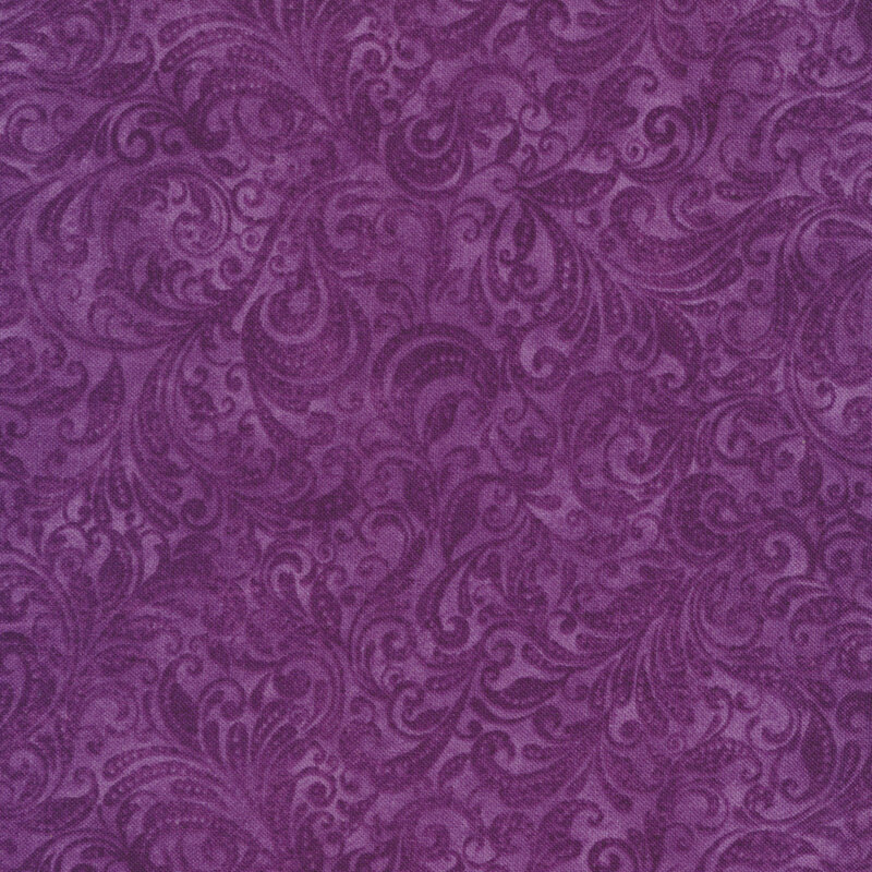 Fabric features tonal purple scroll design | Shabby Fabrics