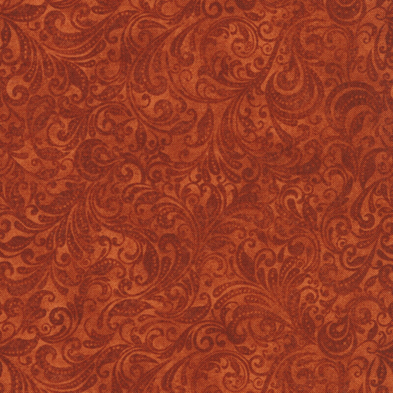 Fabric features tonal rust orange scroll design | Shabby Fabrics