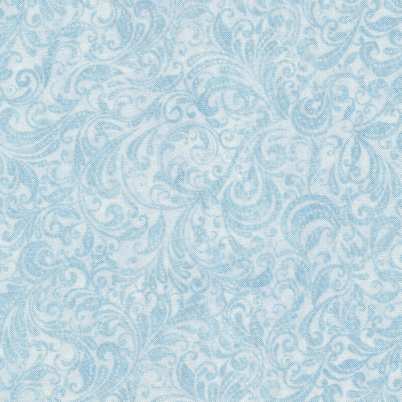 Fabric features tonal light blue scroll design | Shabby Fabrics