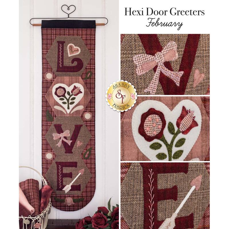 The finished Hexi Door Greeter for February displayed on a craft holder | Shabby Fabrics