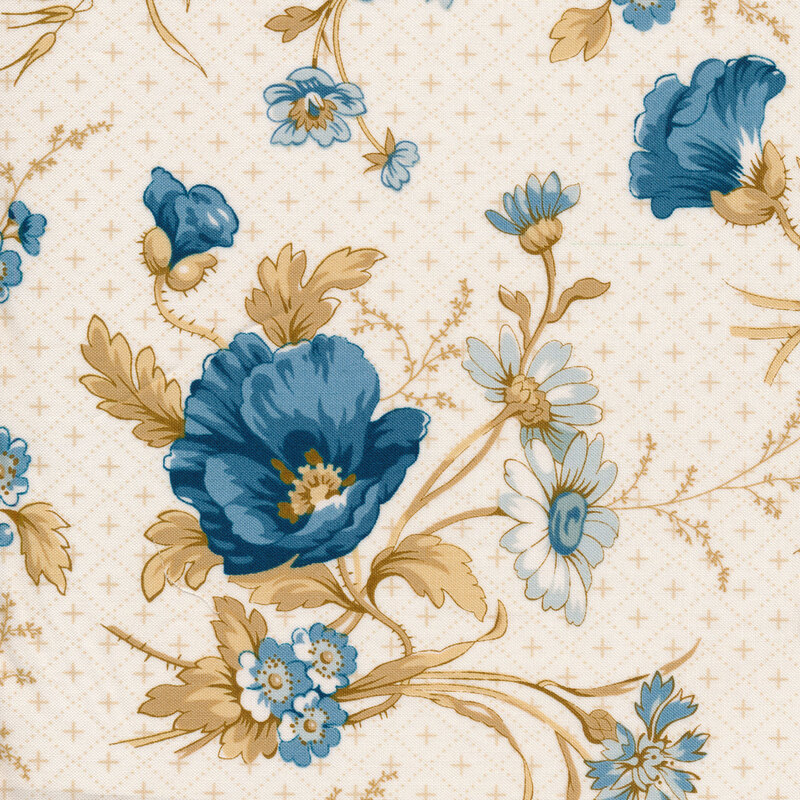 Blue floral design with tan leaves on cream | Shabby Fabrics