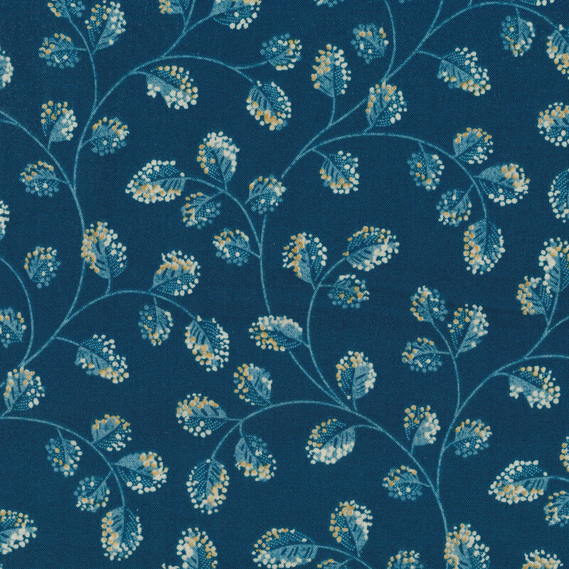 Blue leaves with tan and cream berries on blue | Shabby Fabrics
