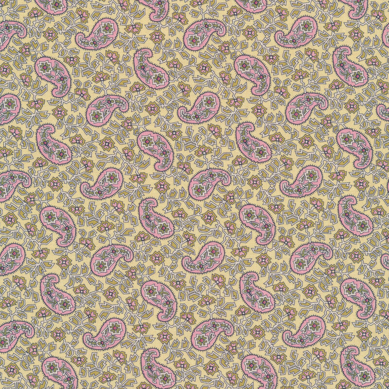 Fabric features geometric floral paisley design on cream background | Shabby Fabrics