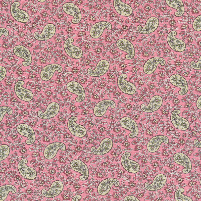 Fabric features geometric floral paisley design on pink background | Shabby Fabrics