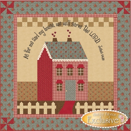 Red gingham cottage wall hanging with a blue roof and white picket fence.