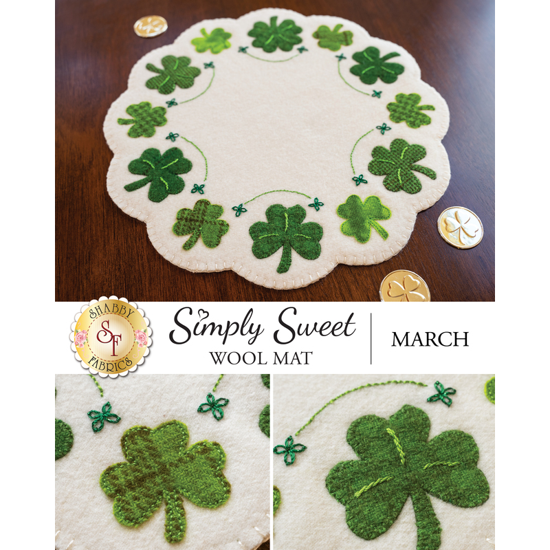 The finished Simply Sweet Mats for March featuring shamrocks all around the scalloped borders