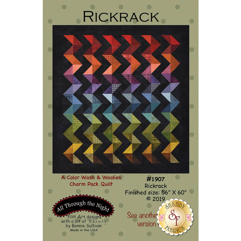 Front cover of the Rickrack pattern showing chevron designs in rainbow colors on black