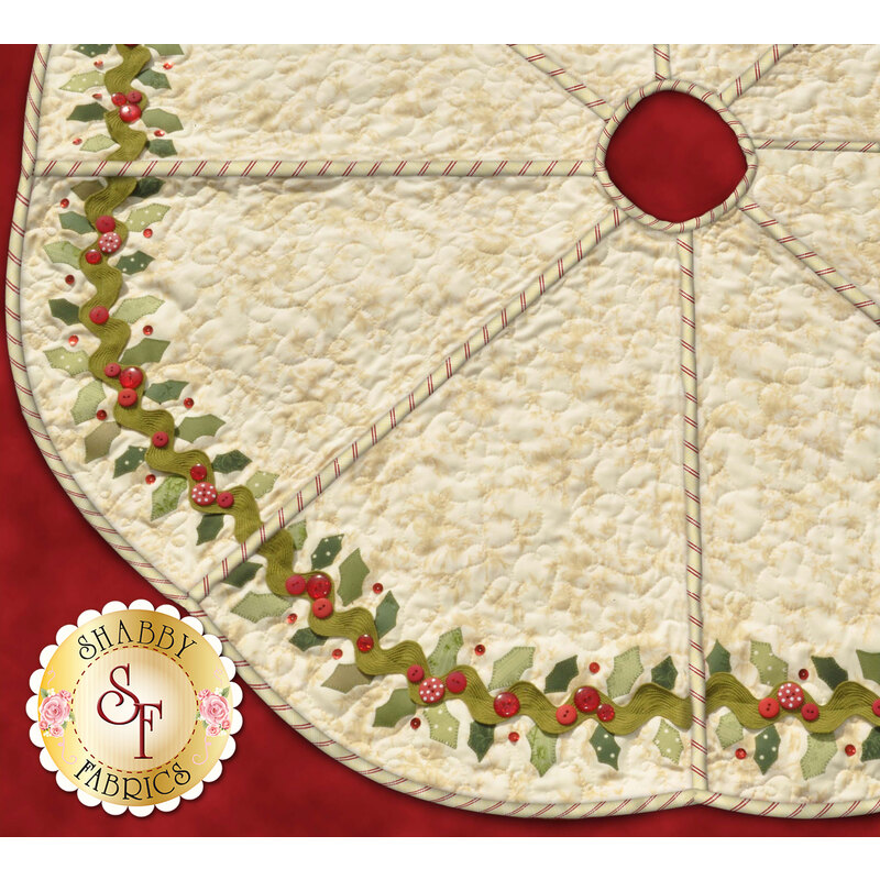 Holly-bordered tree skirt in cream with a red candy-striped binding.