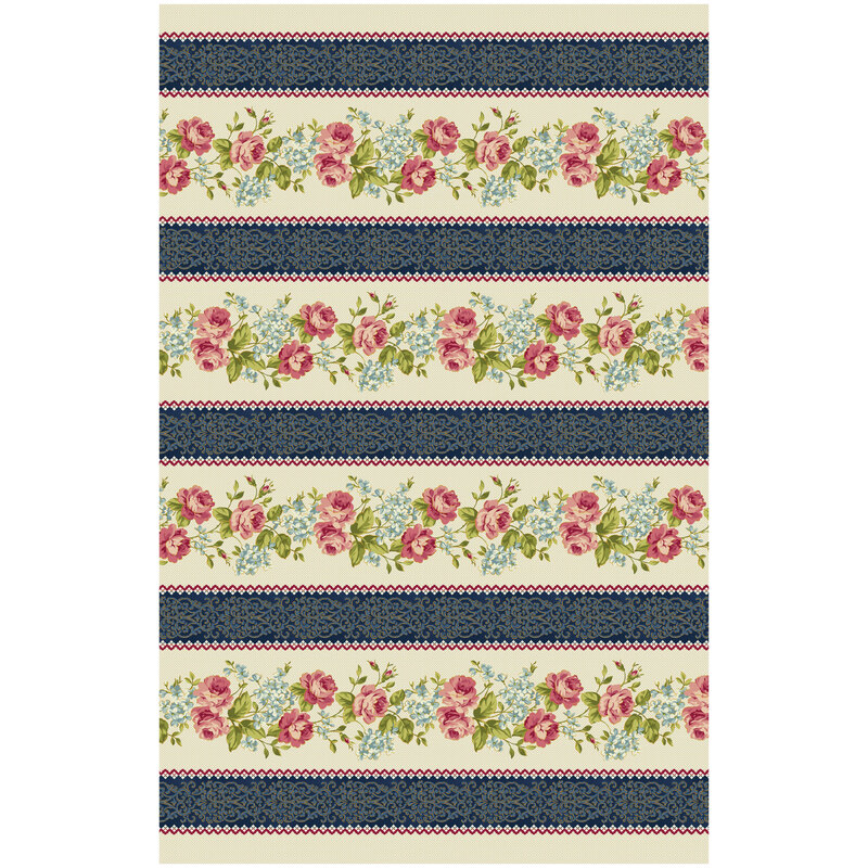 Full image repeat of stripes with pink and blue flowers on cream amongst navy stripes | Shabby Fabrics