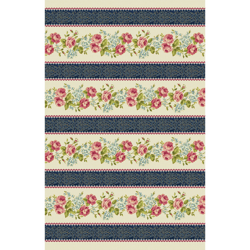 Full image repeat of stripes with pink and blue flowers on cream amongst navy stripes | Shabby Fabrics