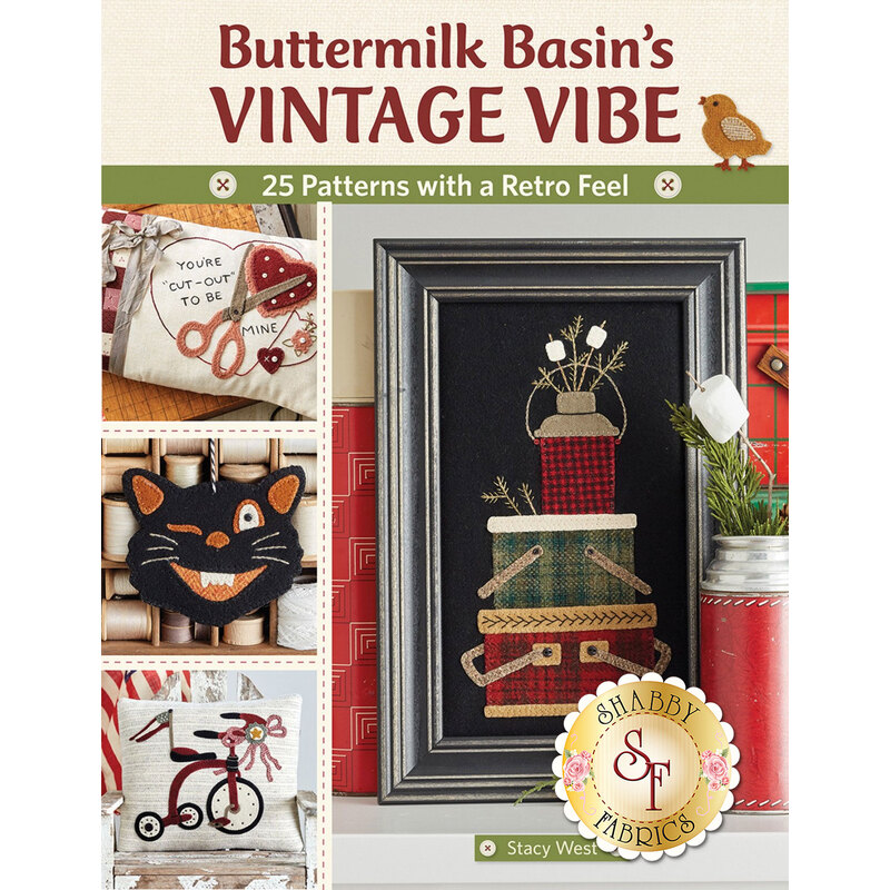 Buttermilk Basin's Vintage Vibe Book front cover featuring a variety of projects including a valentines pillow, a tricycle pillow, a halloween black cat ornament, and a framed wool applique block.