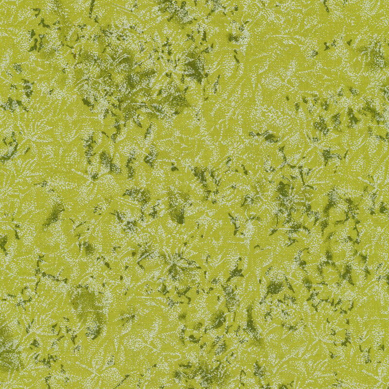 Tonal avocado green fabric features mottled design with metallic frost accents | Shabby Fabrics