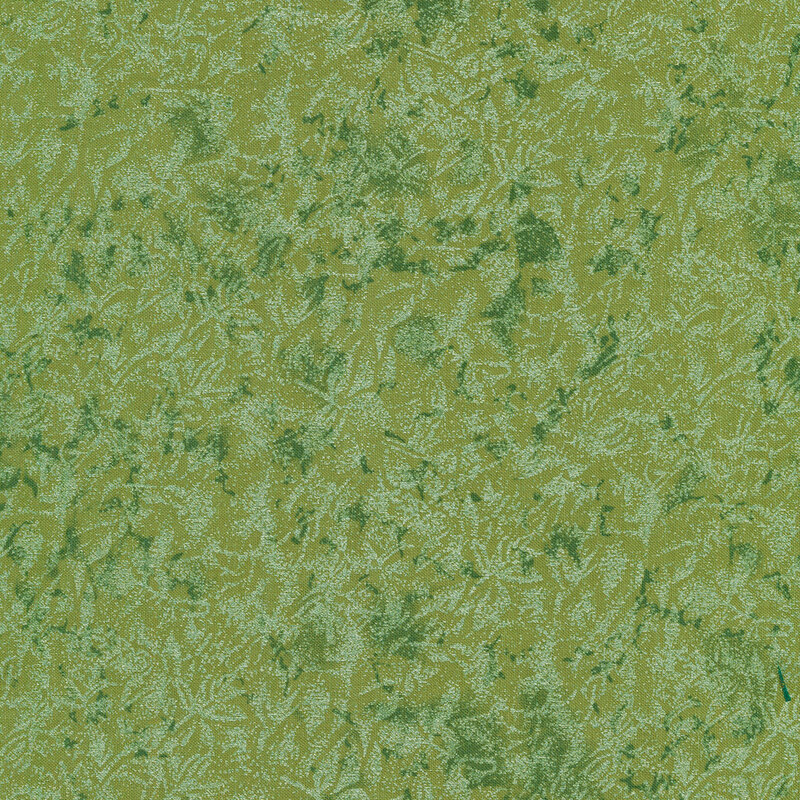 Tonal green fabric features mottled design with metallic frost accents | Shabby Fabrics