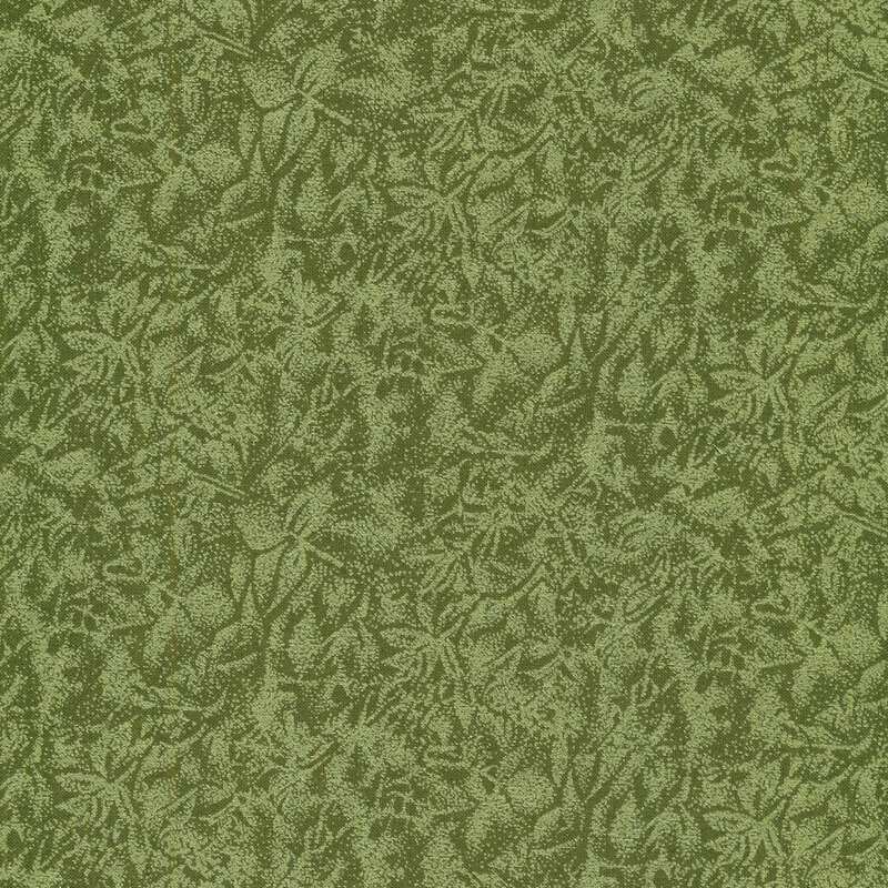 Tonal moss green fabric features mottled design with metallic frost accents | Shabby Fabrics