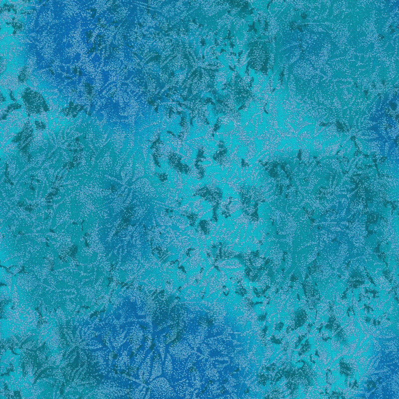 Tonal turquoise blue fabric features mottled design with metallic frost accents | Shabby Fabrics