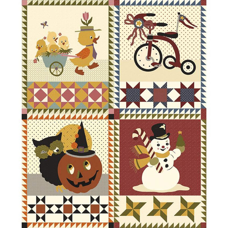 Fabric panel features four seasonal quilting blocks on cream | Shabby Fabrics