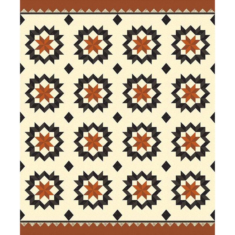 Fabric panel features orange black Lemoyne star block pattern on cream | Shabby Fabrics