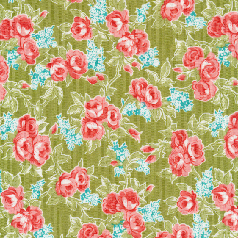 Pink and Blue flowers on a green background | Shabby Fabrics