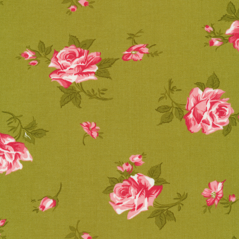 Tossed pink flowers on green | Shabby Fabrics