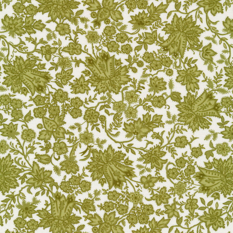 Green Jacobean print on white | Shabby Fabrics
