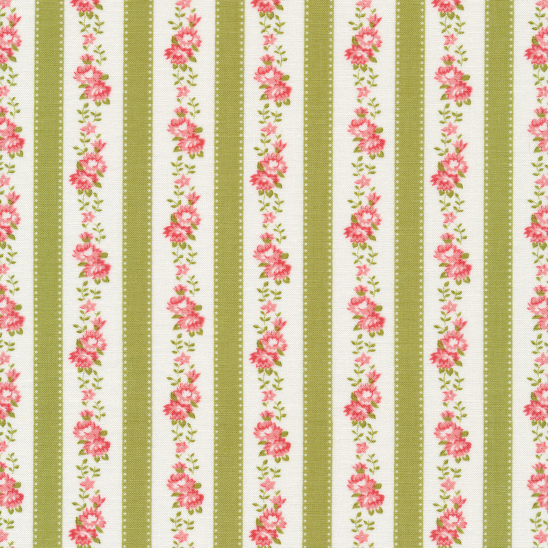 Green stripe with pink flowers on white between stripes | Shabby Fabrics