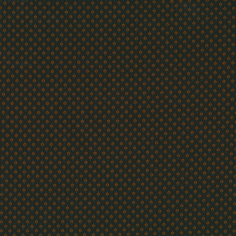 Black fabric features tiny orange rings and blue dots stripe pattern | Shabby Fabrics