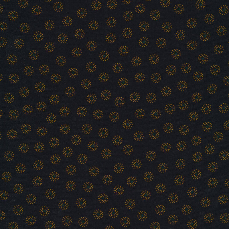 Black fabric features clustered tan pin dots around blue dot pattern | Shabby Fabrics