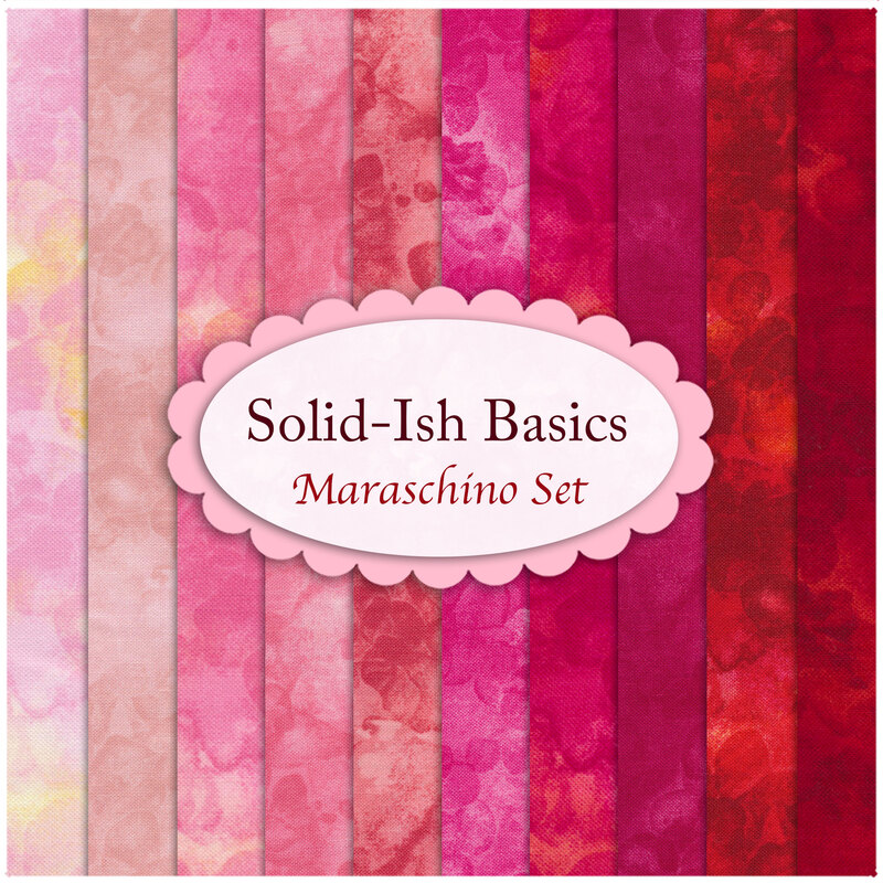 A collage of the fabrics included in the Solid-Ish Basics - Maraschino FQ Set | Shabby Fabrics
