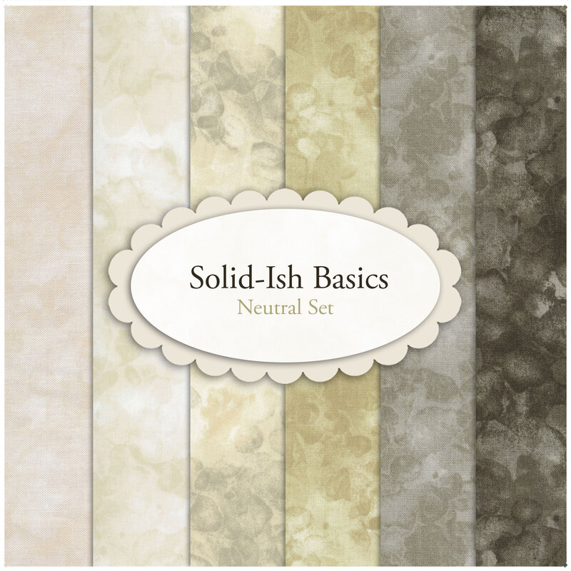 A collage of the fabrics included in the Solid-Ish Basics - Neutral FQ Set | Shabby Fabrics