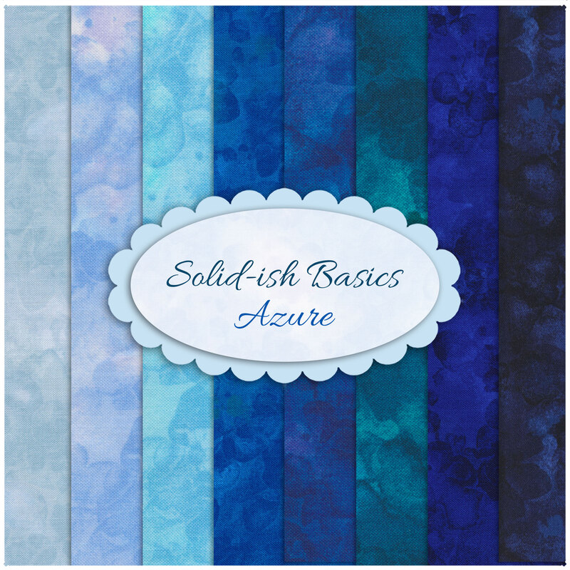 A collage of the fabrics included in the Solid-Ish Basics - Azure FQ Set | Shabby Fabrics