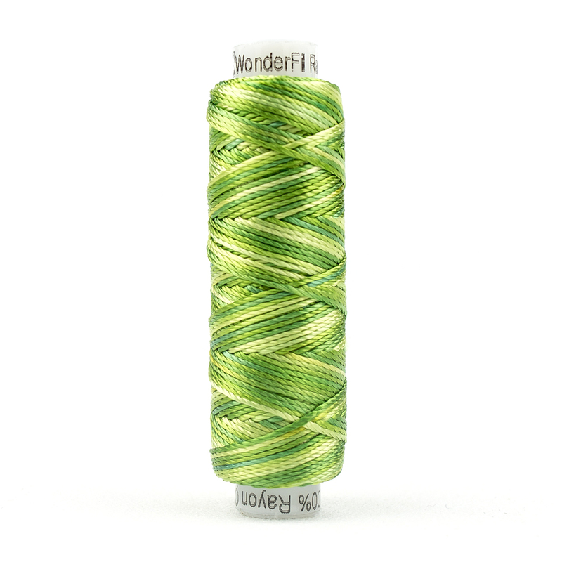Spool of WonderFil Razzle RZM07 Leaves and Sprouts thread on a white background