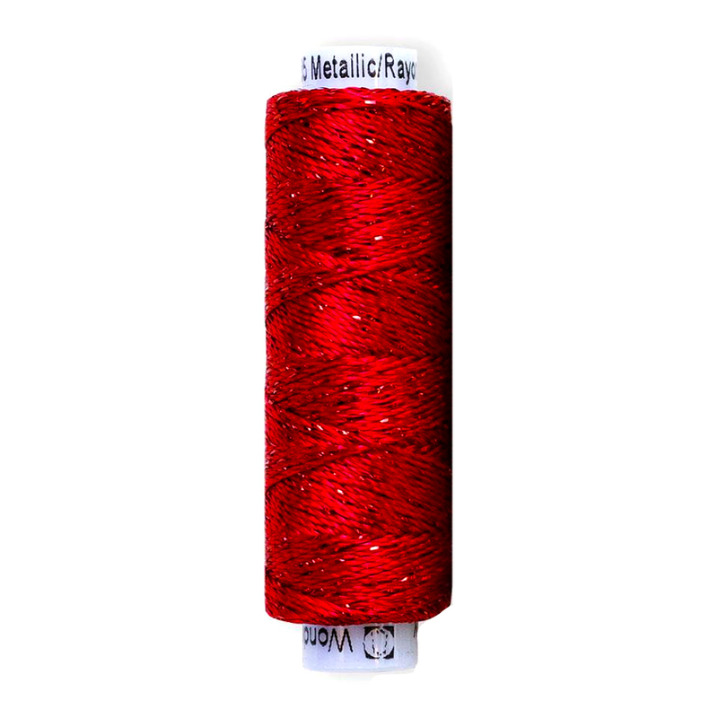 A spool of the WonderFil Dazzle 1267 - Tomato Red thread on a white background
