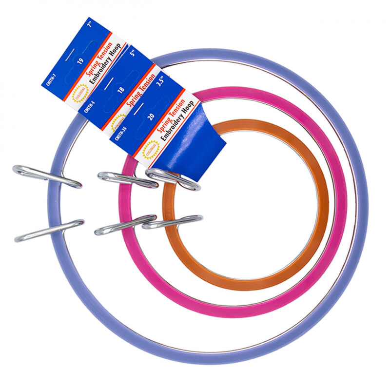 Three circular embroidery hoops with blue tags against a white background
