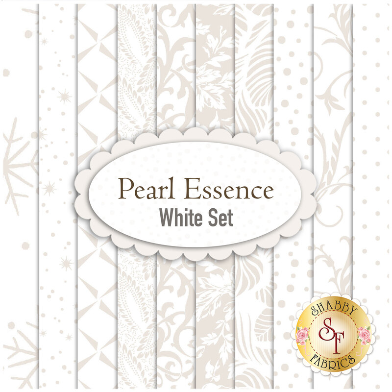 A digital collage of the fabrics included in the Pearl Essence White FQ Set | Shabby Fabrics
