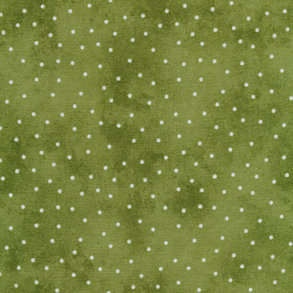 Fabric features cream scattered pin dots on mottled dark olive green | Shabby Fabrics