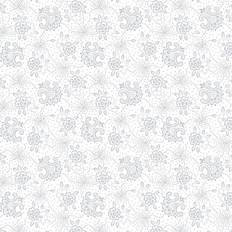 Flowers on vines and small dots all over white | Shabby Fabrics